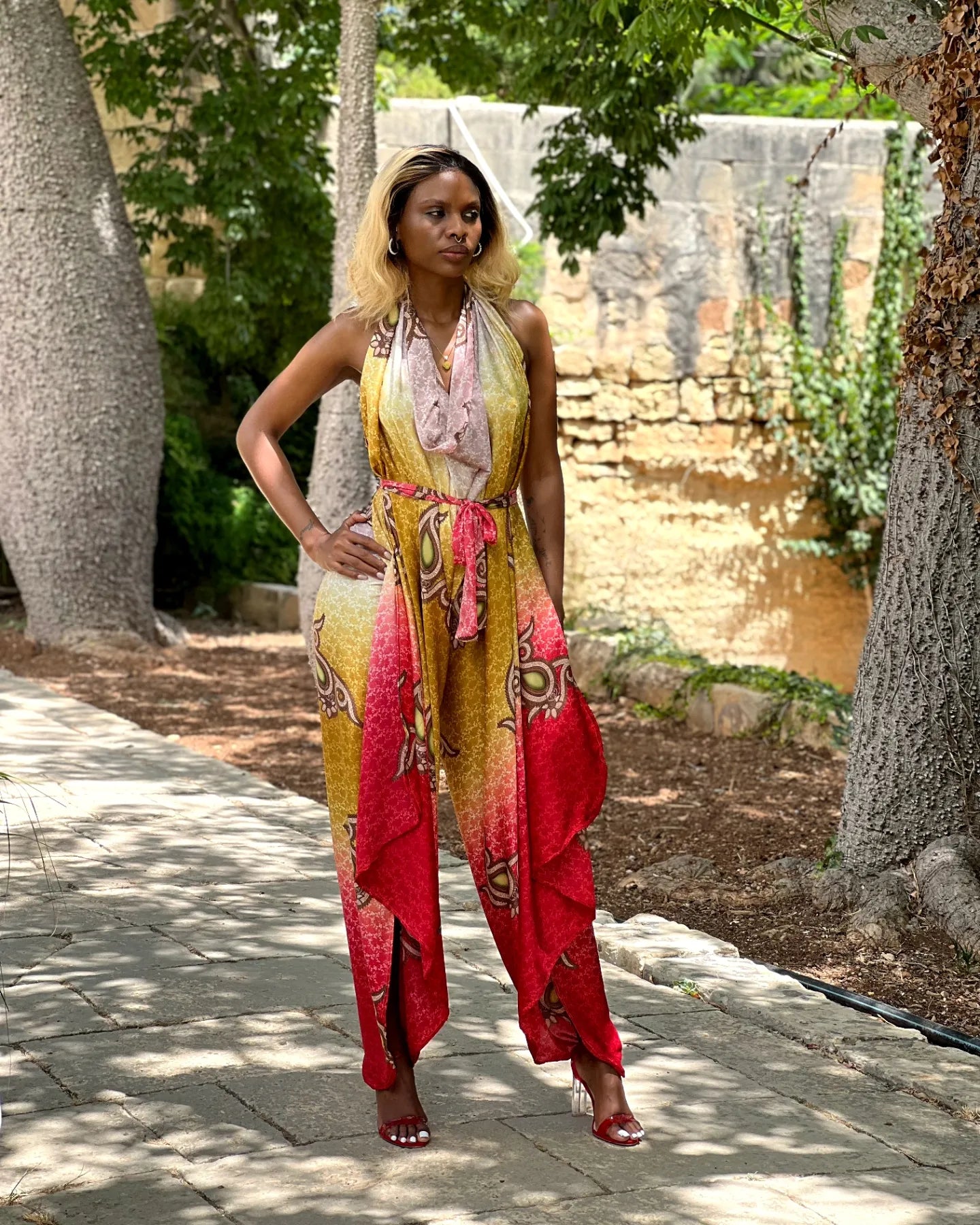 Safiya Silk Convertible Set – Red & Gold Jumpsuit