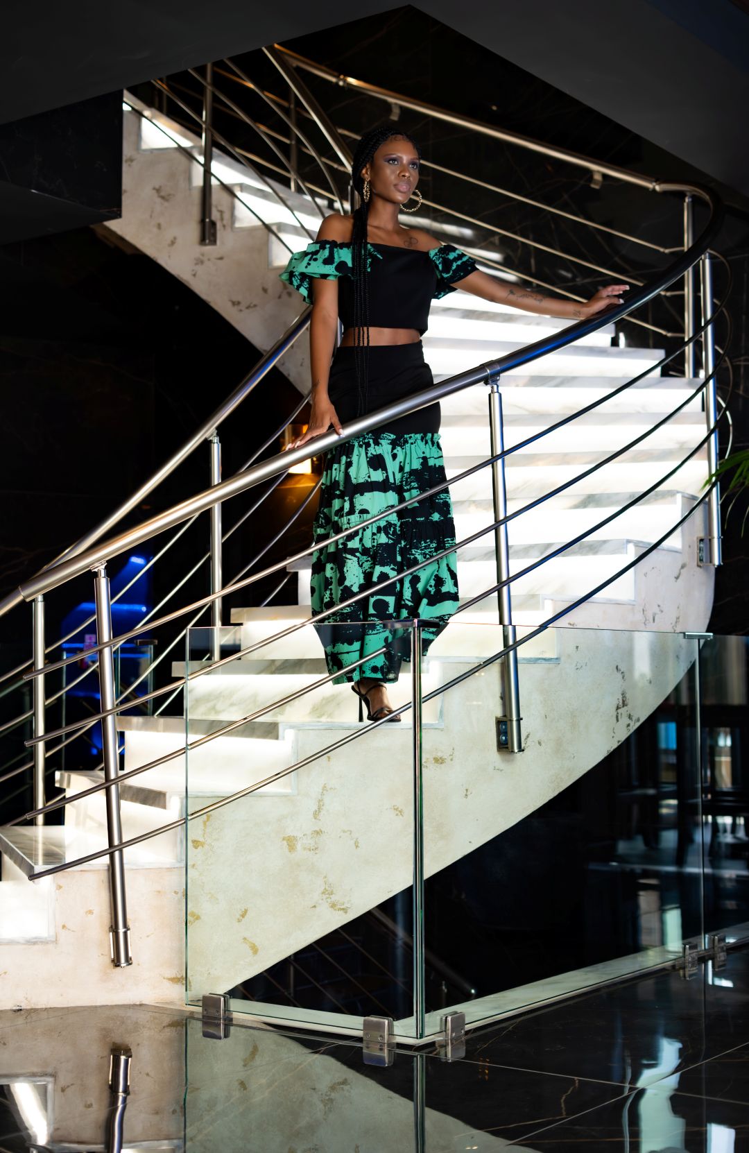 Zuri Two-Piece Set – Black & Emerald Brush Print