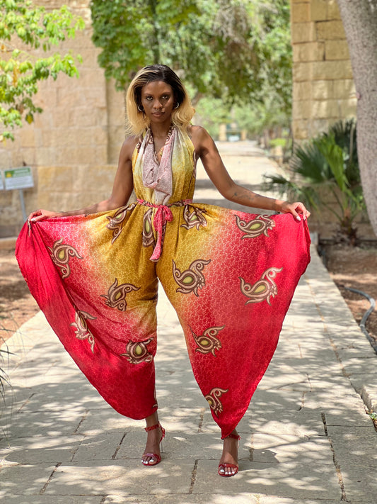 Safiya Silk Convertible Set – Red & Gold Jumpsuit