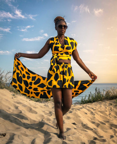 Front view of Bespoke GOLDEN DUSK Set showing patterned top and matching bottom