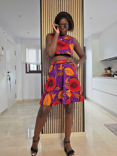 ="Back view of TROPICAL BLOOM Crop & Skater Skirt showing flared skirt"